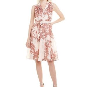 Nanette Lepore Floral Belted Shirtdress Soft Pink Sleeveless Flowy Midi Size 10